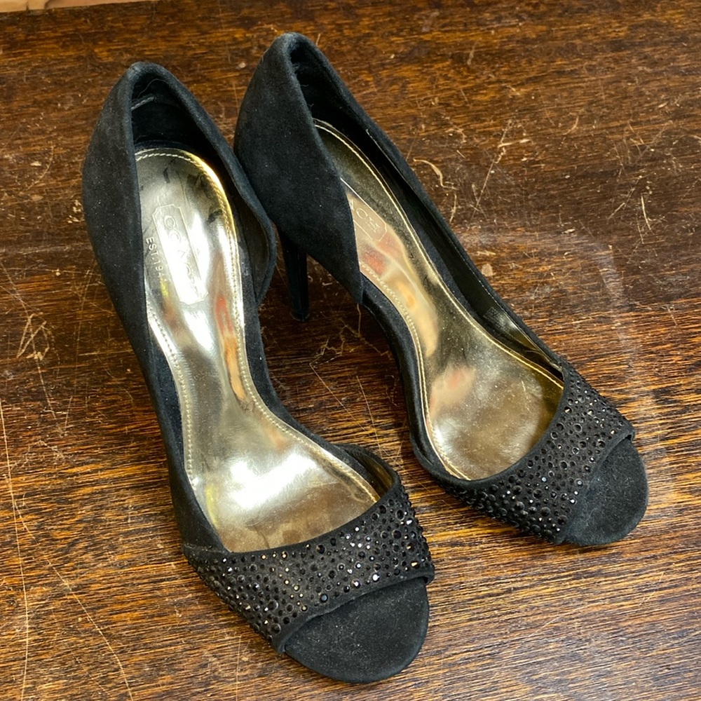 Coach suede rhinestone heels